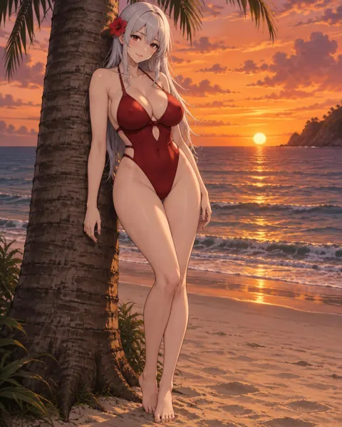 Calyndra, an adult anime companion leaning against a palm trunk at dusk with a red flower in her hair