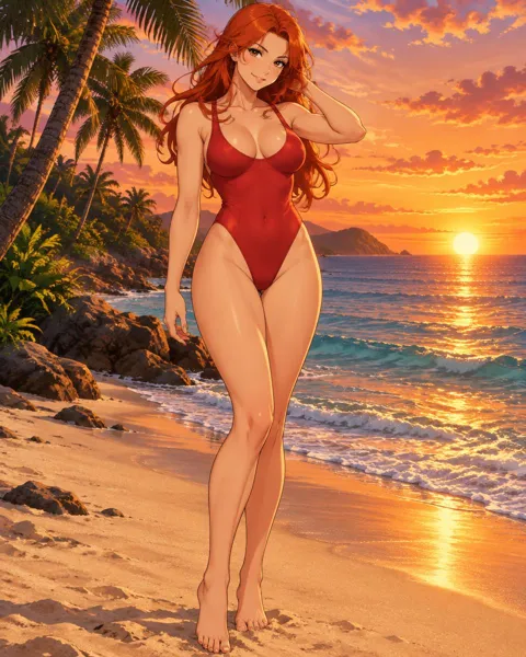 Kestrielle, an adult anime companion standing barefoot on the sand at sunset in a red swimsuit