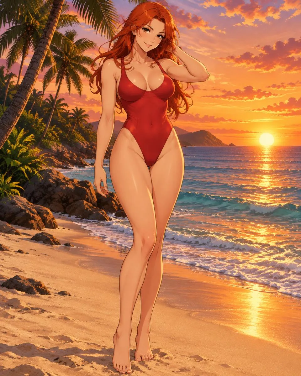 Kestrielle, an adult anime companion standing barefoot on the sand at sunset in a red swimsuit