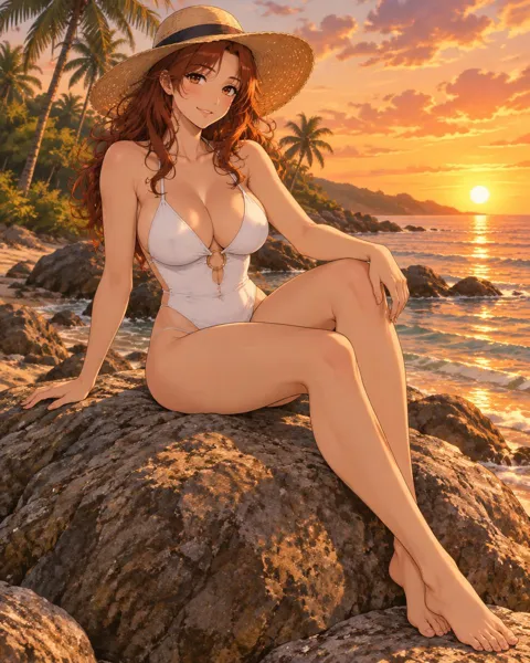 Marivelle, an adult anime companion sitting on a sea rock in a straw sun hat
