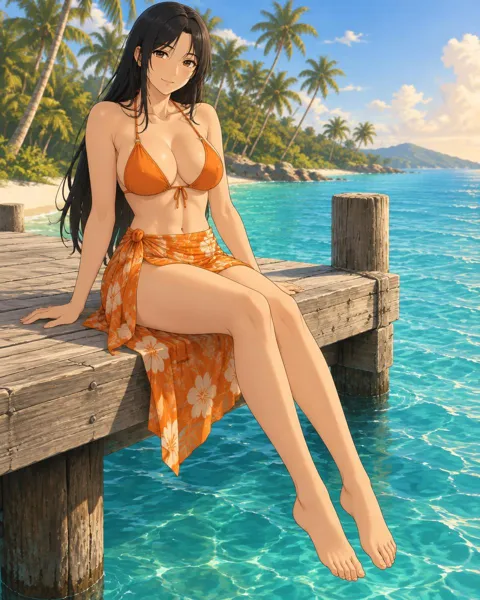 Saphrine, an adult anime companion sitting on the edge of a wooden pier above turquoise water