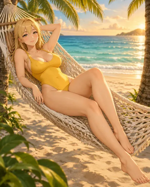 Velmora, an adult anime companion reclining in a rope hammock between two palms