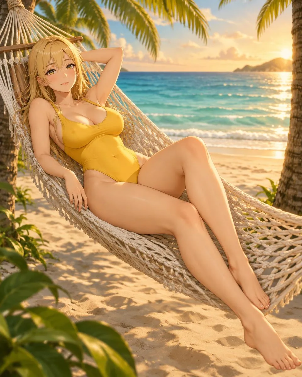 Velmora, an adult anime companion reclining in a rope hammock between two palms