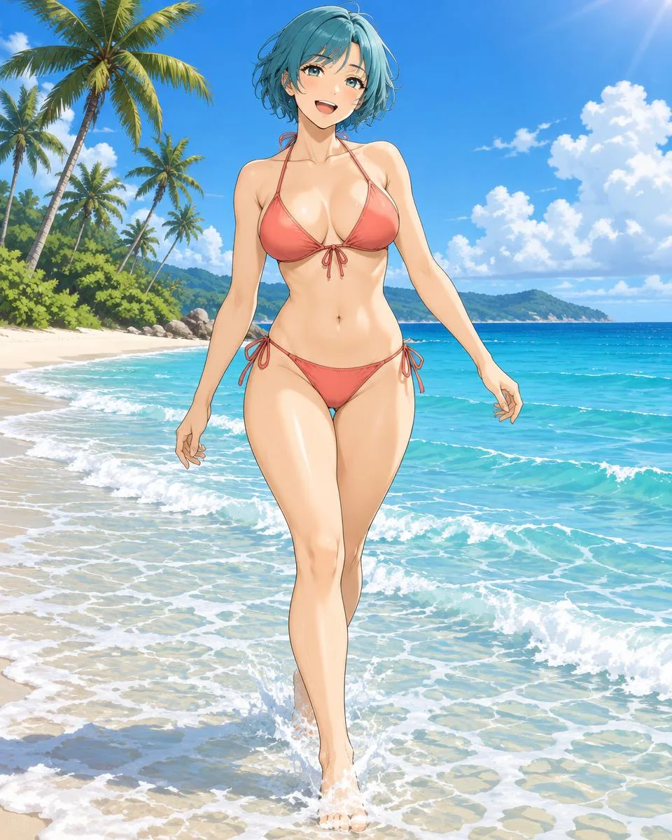 Ysolde, an adult anime companion walking through shallow waves in a coral swimsuit